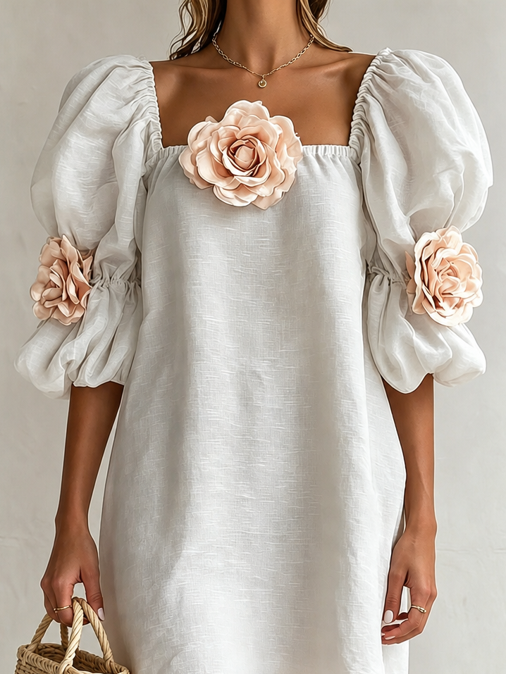 3D Floral Appliqué Square Neck Puff Sleeve Loose Mini Dress