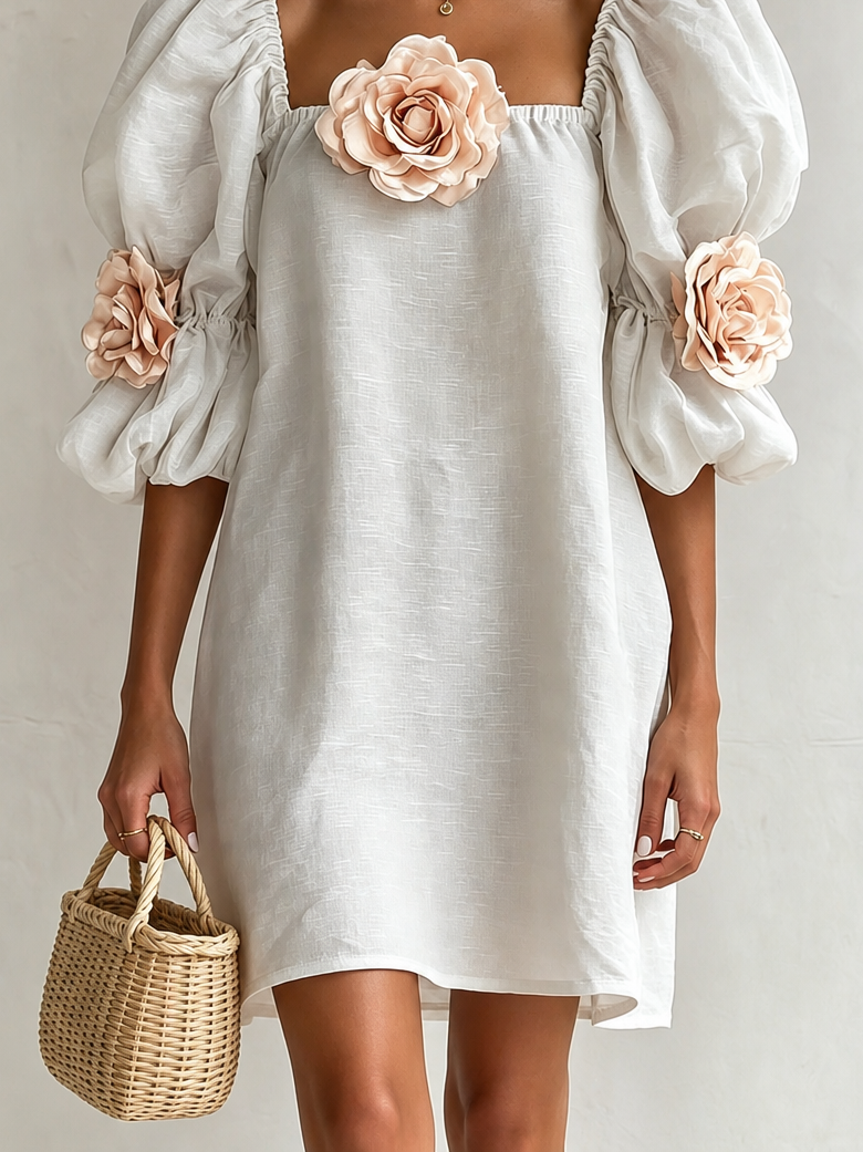 3D Floral Appliqué Square Neck Puff Sleeve Loose Mini Dress